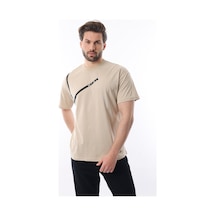 Madmext Bej Bisiklet Yaka Şerit Detaylı Pamuklu Erkek T-shirt E7033 Bej