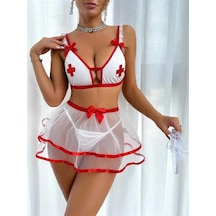 Ang Butik Kadın Beyaz Tül Etekli Hemşire Kostümü Takımı
