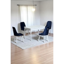 Monera Beyaz 80 x 132 Açılabilen MDF Masa Metal Ayaklı Mutfak Masası Takımı 4 Lacivert Sandalye