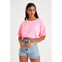 Kadın Neon Yağ Yıkamalı T-shirt Pembe Yeşil