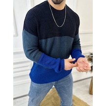 Kazak Oversize Tüylenmez Naturel Pamuk Örme Triko Kazak Mavi