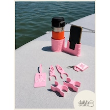 Sup Board Telefon Termos Tutucu Paddle Board Kano Aksesuar Seti Kürek Sabitleme + Organizer + Telefon & İçecek Tutucu + Charm Anahtarlık + Kişiye Özel İsimlik Pembe