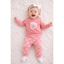 Kabartmalı Çilek Baskı Bebek Takım 6-18 Ay %100 Pamuk Pembe