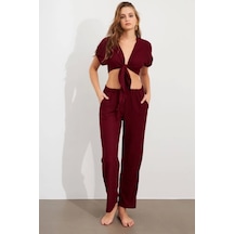Defymoda Kadın Bürümcük Kumaş Pantolonlu Takım Bordo