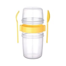 1100 Ml Çift Hazneli Çatal Kaşıklı Müsli Yulaf Diyet Atıştırmalık Yemek Taşıma Saklama Kabı - Sarı