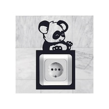 Panda Desenli Dekoratif Priz Çerçevesi Ahşap Siyah