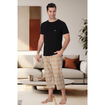 Mecit Pijama Mecit 2912 Siyah Ekoseli Erkek Büyük Beden Capri Pijama Takımı Siyah