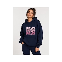Herkesemoda Pray Baskılı Kapüşonlu 2 İplik Şardonlu Sweatshirt Lacivert