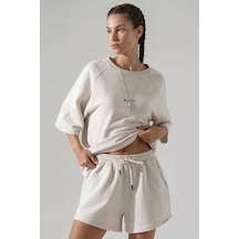 Woneagle Kadın Bej Oversize Bisiklet Yaka Kısa Kollu Şortlu İkili Takım Bej Bej