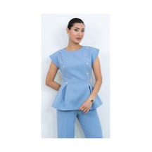Dorne Moda Özel Koleksiyon Kruvaze Gold Düğmeli Peplum Bluz Ve Pantolon İkili Takım - Düğün - Mezuniyet - Ofis Şıklığı Mavi Mavi