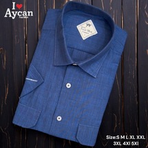 Linen Keten Klasik Kısa Kollu İki Cepli Kapaklı Mavi Baba Gömleği Regular Kalıp -10252 Mavi