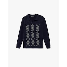 Koton Regular Fit Uzun Kollu Baklava Desenli V Yaka Polo Triko Kazak Lacivert Desenli 6wam70089ht Lacivert Desenli