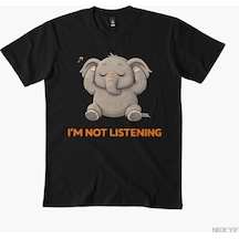 Flood Of Style Sevimli Fil Dinlemiyorum Meme T-shirt Erkekler Kadınlar Için % 100% Pamuk T Shirt Kısa Kollu Siyah