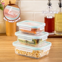 Porsima Sd-12-fgy Kilitli Sızdırmaz Kapaklı Hava Tahliye Contalı Çok Amaçlı 3 Lü Cam Erzak Yiyecek Saklama Kabı Seti - 1030-620-330ml Şeffaf
