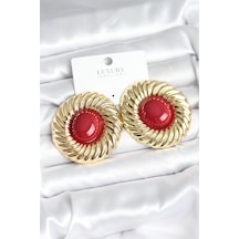 Pirinç Gold Renk Bordo Boncuklu Vintage Kadın Küpe Çok Renkli