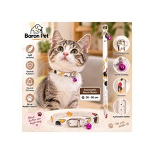 Kedi Tasması 20-30 Cm Beyaz Kedi Desenli Zilli Ayarlanabilir Suni Deri Kedi Boyun Tasması