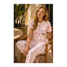 Rindahomewear Kadın Alaçatı Kumaş Kelebek Desenli Kısa Kollu Yazlık Pijama Takımı Çok Renkli