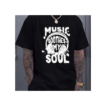 Caddemia Yaz Moda Rahat Gevşek Müzik Yatıştırıcı My Soul Desen Baskılı Spor Yuvarla Siyah 2XL