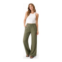 Fashion Friends Geniş Paça Keten Haki Kadın Pantolon 26y0608k1