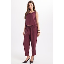 Tudors Kadın Standart Fit Normal Kesim Likralı Bisiklet Yaka Bluz Geniş Paça Bordo Pantolon Takım-50957