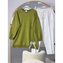 Lovie Moda Kurdele Nakışlı Tesettür Tunik Pantolonlu Takım Yağ Yeşili Yeşil