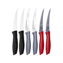 Sebze Ve Meyve Bıçağı, Çelik, Siyah + Gri + Kırmızı Lazer Kesim Tırtıklı Uç, 22 Cm, 6 Adet