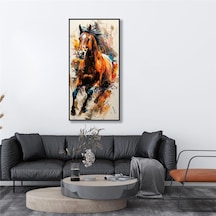 Yağlı Boya Dokulu Tablo Koşan Kahverengi Dikey At Siyah Çerçeveli U04034-178948