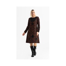 Uzun Kol Pazen Eftelya Çıtır Desen Midi Boy Elbise Siyah Syh Siyah