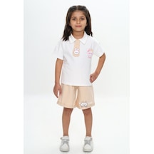 Toontoy Kids Toontoy Kız Çocuk Polo Yaka Göğsü Baskılı Şortlu Takım Bej