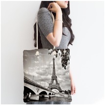 Siyah Beyaz Paris Tasarımlı Dijital Baskılı Fermuarlı Bez Çanta Canta-26