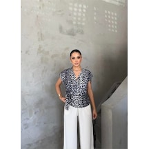 Defymoda Leopar Desen Yandan Bağlama Detaylı Bluz - Gri Gri