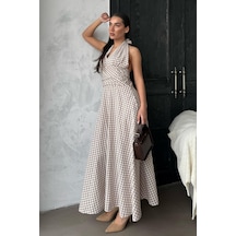 Madmext Bej Ekoseli Midi Boy Kadın Elbise Mg2350 Bej