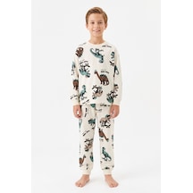 Bunny Hopp Erkek Çocuk Uzun Kollu Pijama Takımı %100 Pamuk Ekru Dinamik Dinozor Desenli Penye