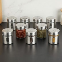 12&apos Li Metal Kaplı Cam Baharatlık Seti 60 Ml - Döner Başlıklı Paslanmaz Çelik Baharat Takımı Açık Bej