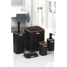 Okyanus Home Mina Siyah Ahşap Desenli Çizgili Kare 5'li Banyo Seti Siyah