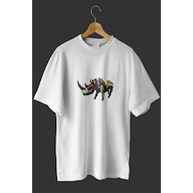 Noıssey -wed Renkli Gergedan Tasarım Baskılı Oversize T-shirt Tişört Beyaz