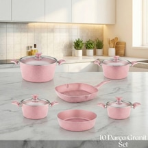 10 Parça Granit Set Cam Kapak - Pembe Pembe
