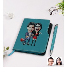 Kişiye Özel Sevgililer Karikatürlü Turkuaz Termo Deri Defter Kale N11.3587 Turkuaz