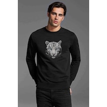 White Tigers Baskılı Siyah Erkek Örme Sweatshirt U