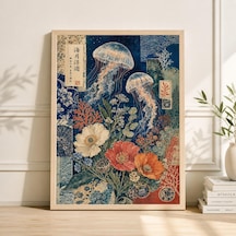 Boho Denizanası Posteri Botanik Kolaj Baskı Sahil Evi Dekorasyonu Okyanus Duvar Sanatı