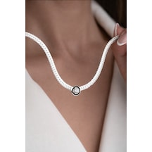 Çekirdekjewelry 925 Ayar Gümüş Yassı Zincir Kolye Tektaş Detaylı Modern Tasarım Kadın Kolye Gri
