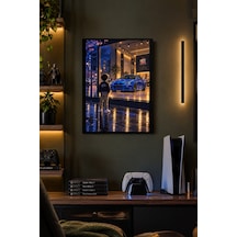 Mavi Spor Otomobil Ve Çocuk Desenli Dekoratif Mdf Tablo, Çerçeve Görünümlü Ahşap Poster
