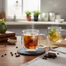 Çift Cidarlı Double Wall Kulplu Cam Kupa - 250 Ml Isıya Dayanıklı Borosilikat Çay Ve Kahve Kupası - El Yakmayan Modern Tasarım Mug Aeropress