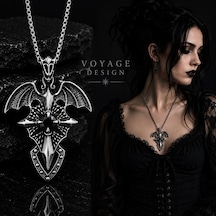 Paslanmaz Çelik Siyah Zirkon Taşlı Melek Kanat Stil Gotik Kadın Kolye Gümüş - Siyah