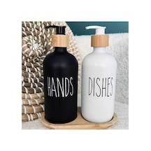 Buççin Online Mağaza 2 Li Hands Dishes Siyah Beyaz Dekoratif Mutfak Banyo Sıvı Cam Sabunluk Seti 500ml Bambu Stantlı Set Çok Renkli