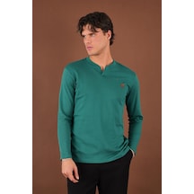 V Yaka Yırtmaç Detaylı Uzun Kollu T-shirt Yeşil