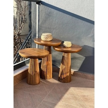 Wood Wooden 3 Lü Set Fitilli Derin Çizgili Mantar Yan Sehpa Moder