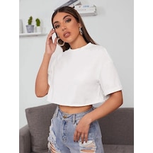 Startmore Kadın Beyaz Bisiklet Yaka Oversize Crop T-shirt Beyaz
