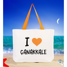 Bk Gift I Love Çanakkale Turuncu Renkli Kulp Kanvas Plaj Çantası 48x40m, Baskılı Omuz Çantası, Alışveriş Çantası