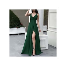 Butik İstanbul Kadın Ip Askılı Derin Uzun Yırtmaç Detaylı Yerli Krep Uzun Elbise Yeşil